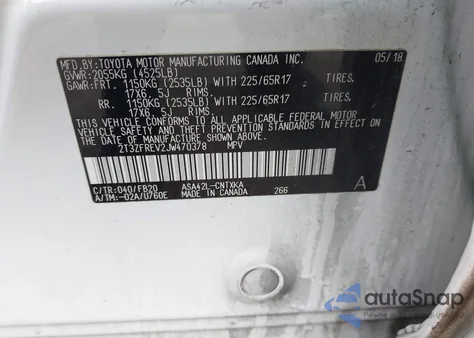 2018 Toyota Rav4 Le из США, поврежденный, VIN 2T3ZFREV2JW470378